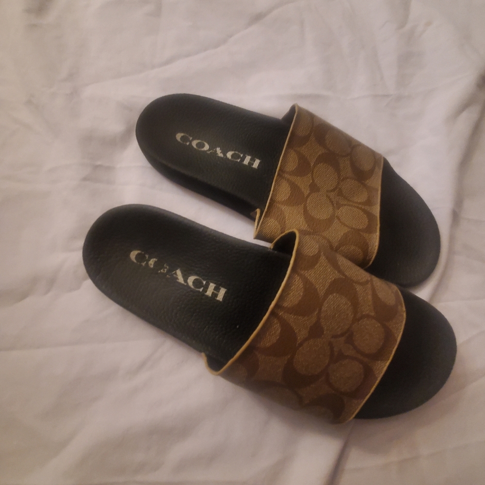 Coach Tan and Black Slide Sandals